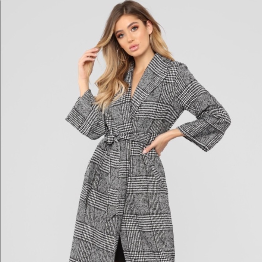 Checkered black and white trench coat